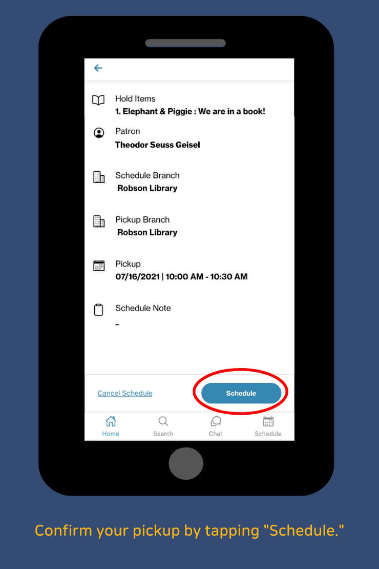 Confirm your pickup by tapping 'Schedule.'