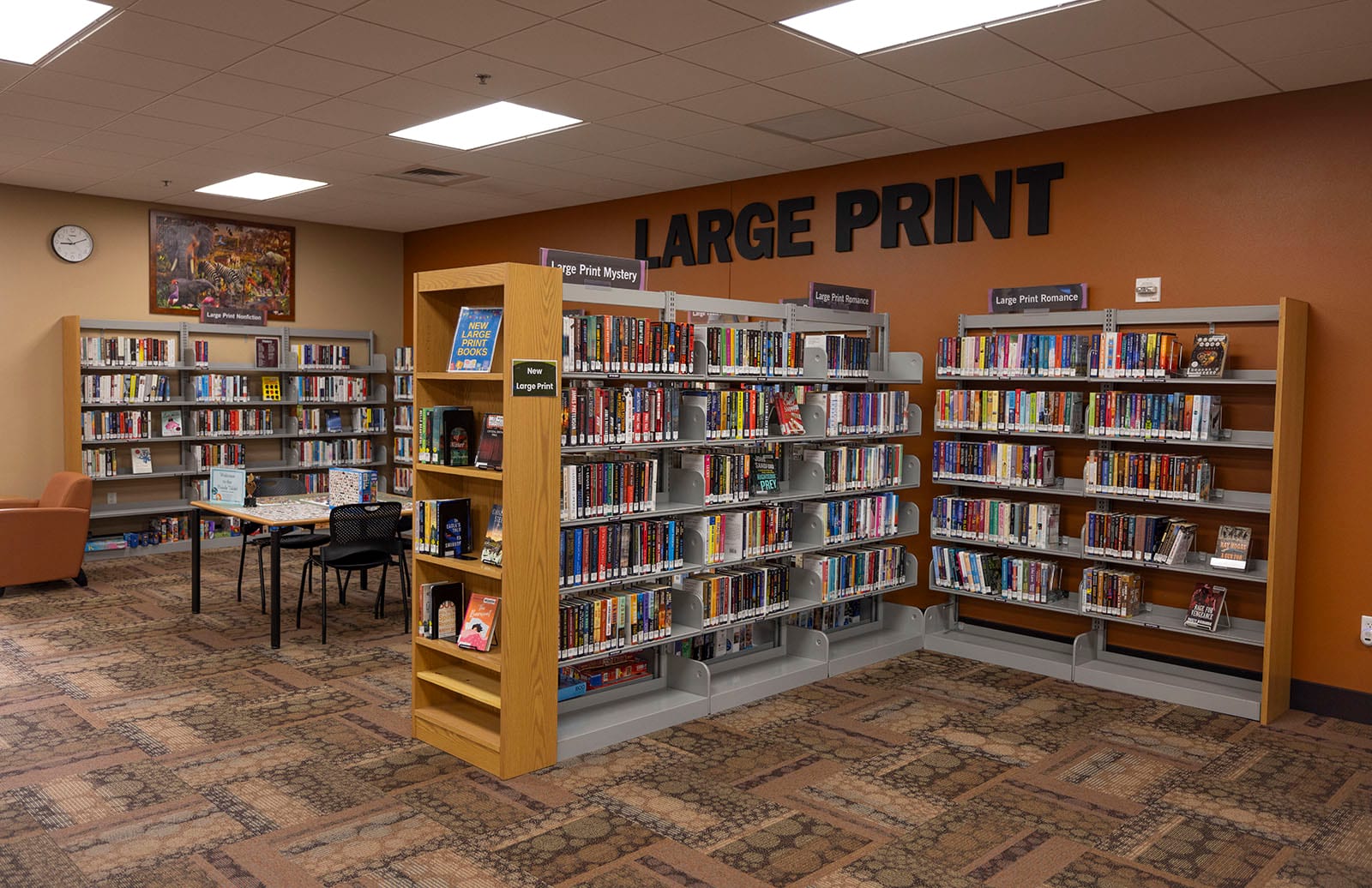 Photo of the large print shelves and puzzle table